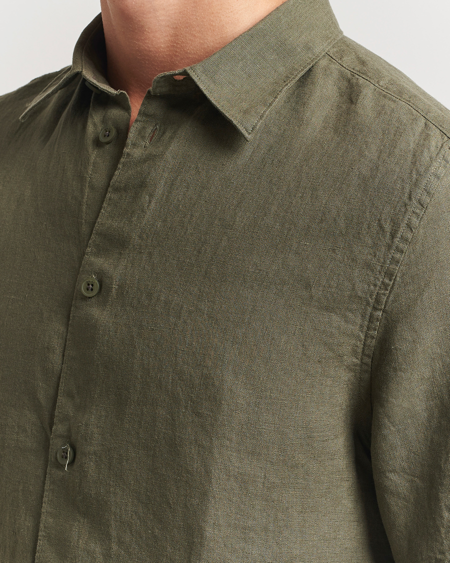 Men | Shirts | NN07 | Enzo Linen Short Sleeve Shirt Capers Green
