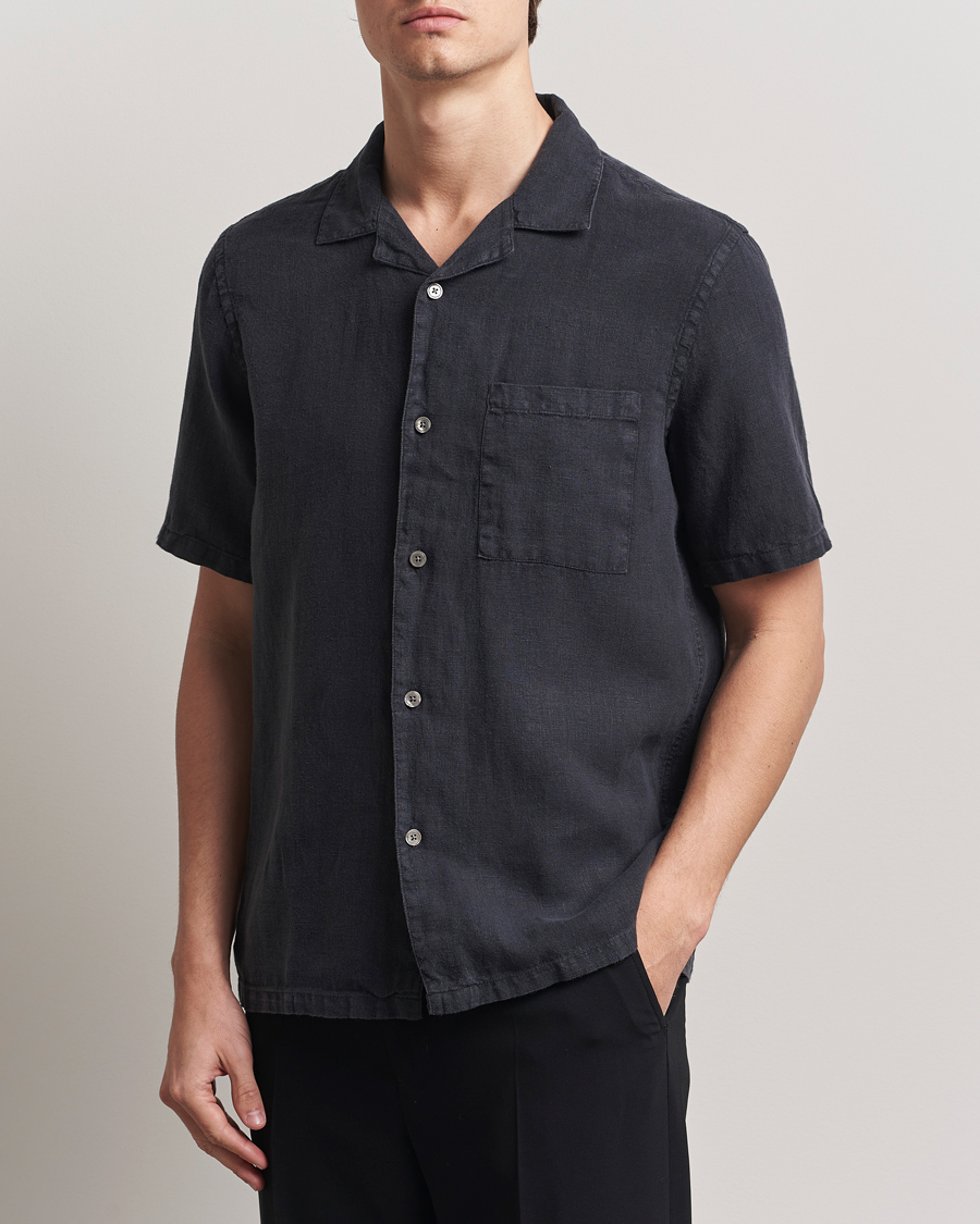 Men | Shirts | A Day's March | Yamu Linen Short Sleeve Shirt Off Black