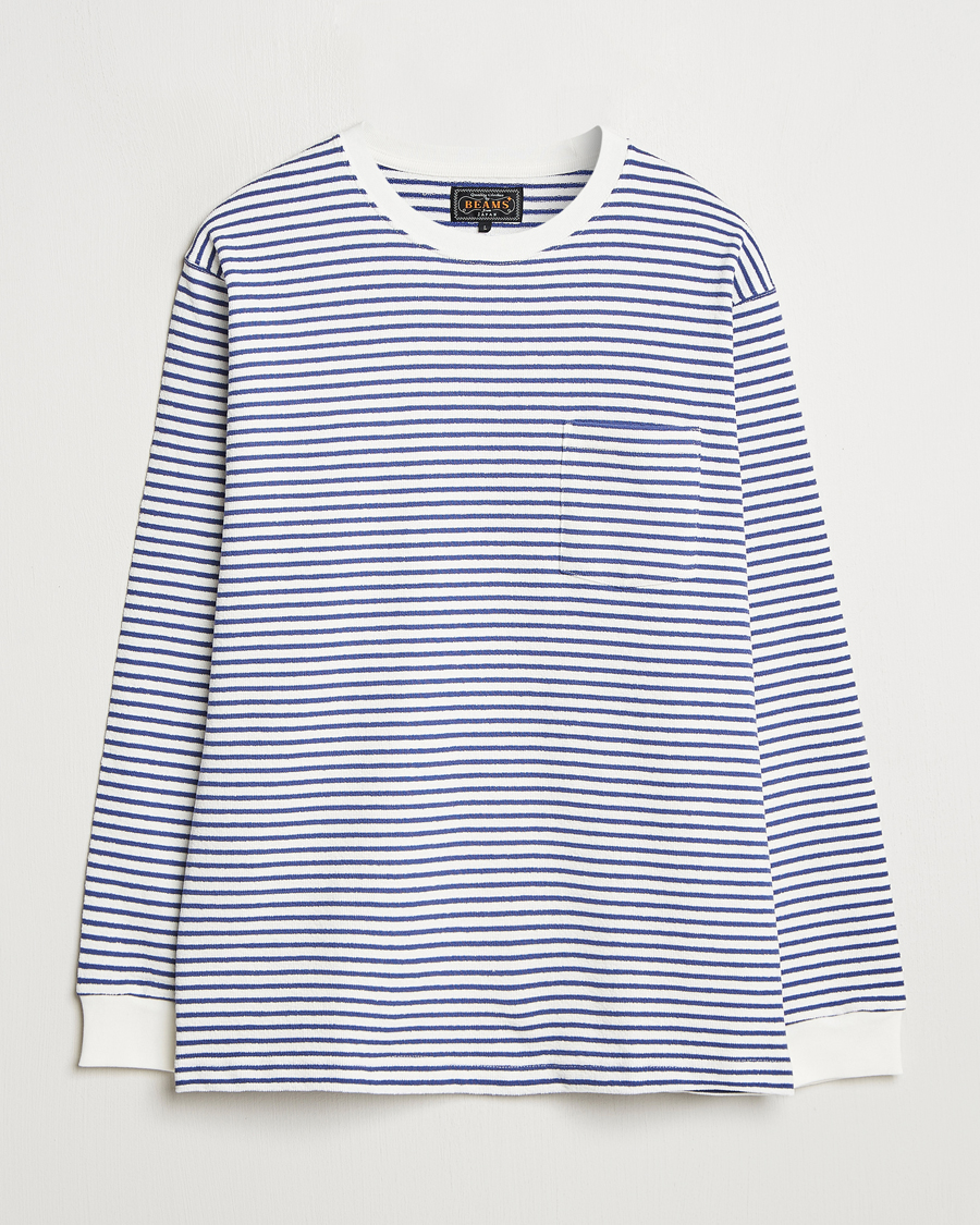 Men | T-Shirts | BEAMS PLUS | Long Sleeve Striped Pocket T-Shirt White/Blue