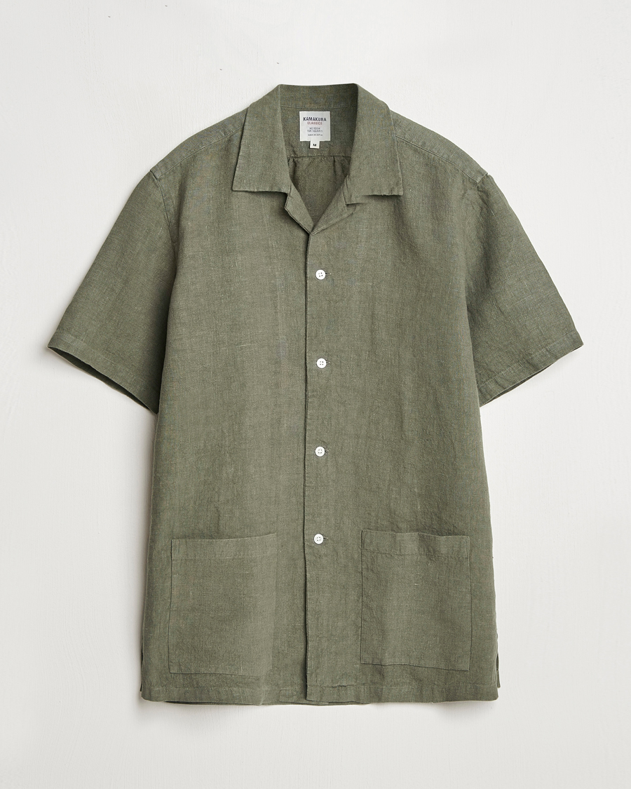 Men | Shirts | Kamakura Shirts | Heavy Linen Beach Shirt Green
