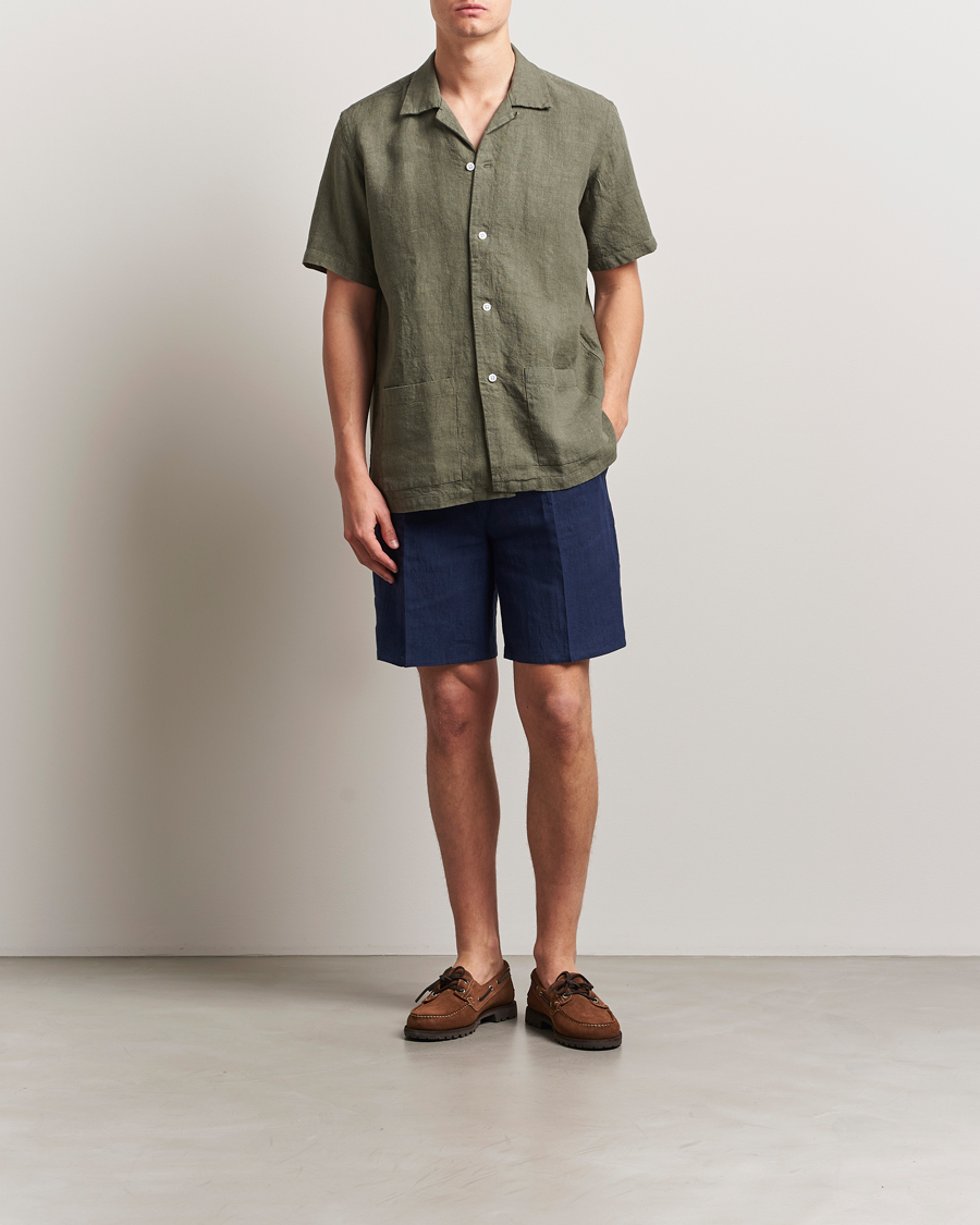 Men | Shirts | Kamakura Shirts | Heavy Linen Beach Shirt Green