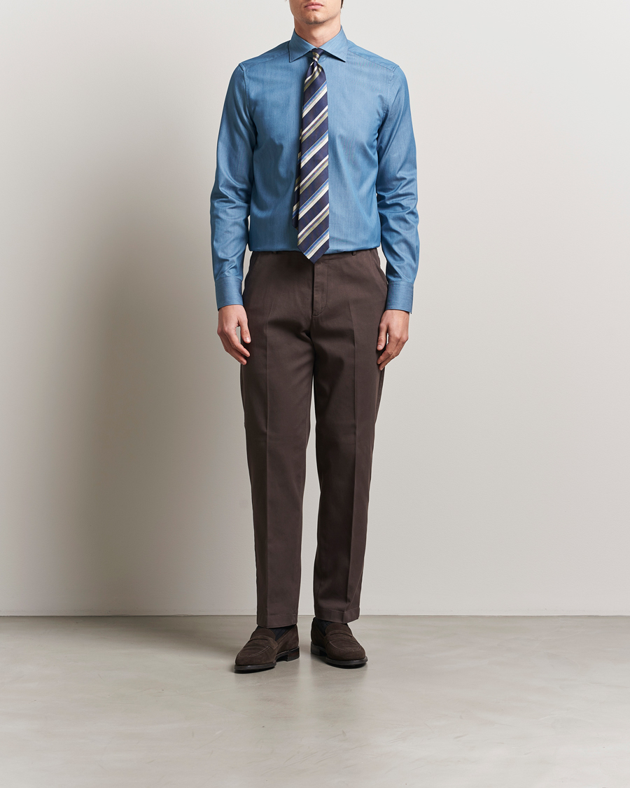 Men | Shirts | Stenströms | 1899 Slim Twofold Cotton Denim Shirt Mid Blue