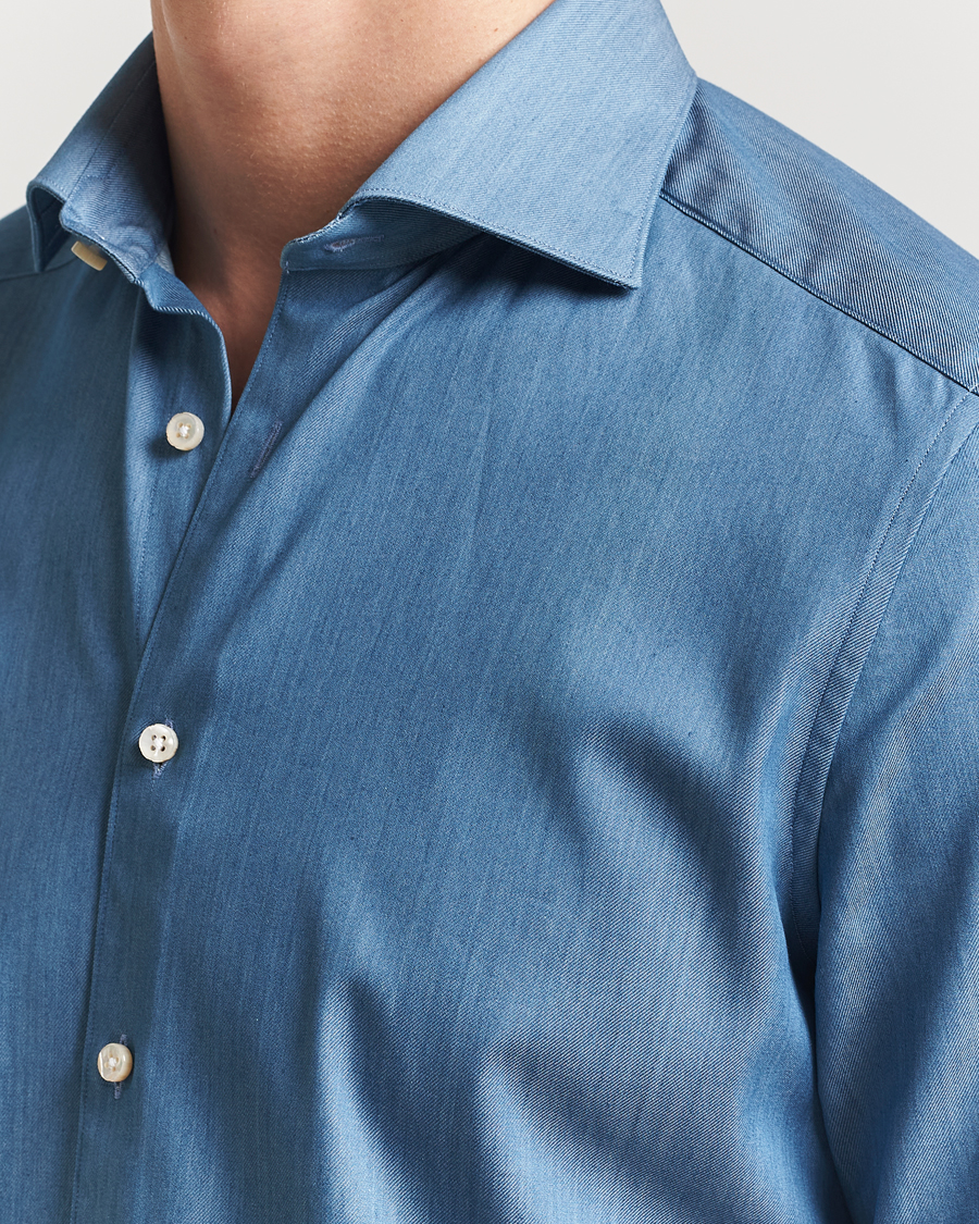 Men | Shirts | Stenströms | 1899 Slim Twofold Cotton Denim Shirt Mid Blue