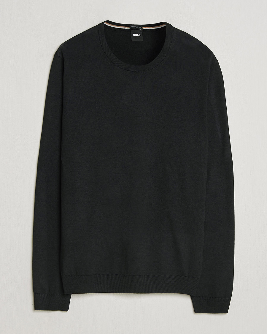 Men | Sweaters & Knitwear | BOSS BLACK | Leno Wool Crew Neck Pullover Black