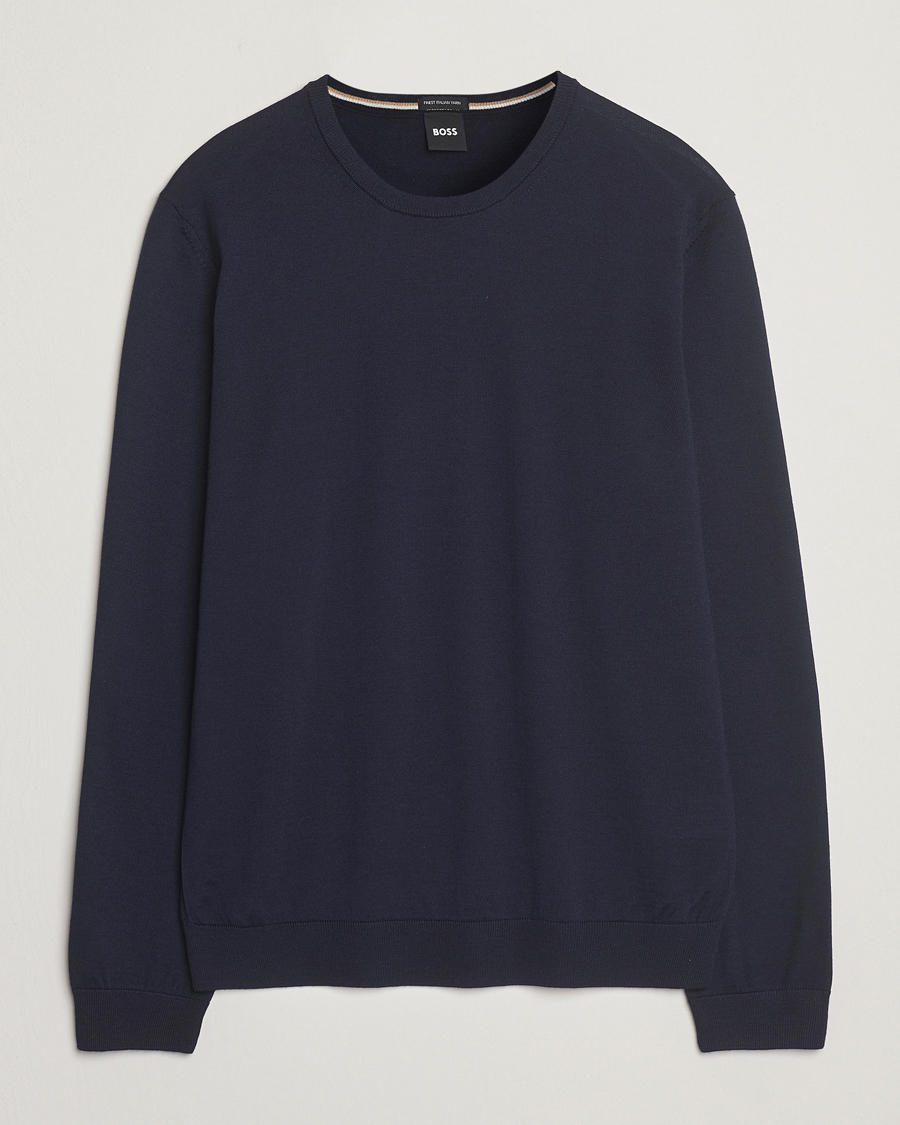 Men | Sweaters & Knitwear | BOSS BLACK | Leno Wool Crew Neck Pullover Dark Blue