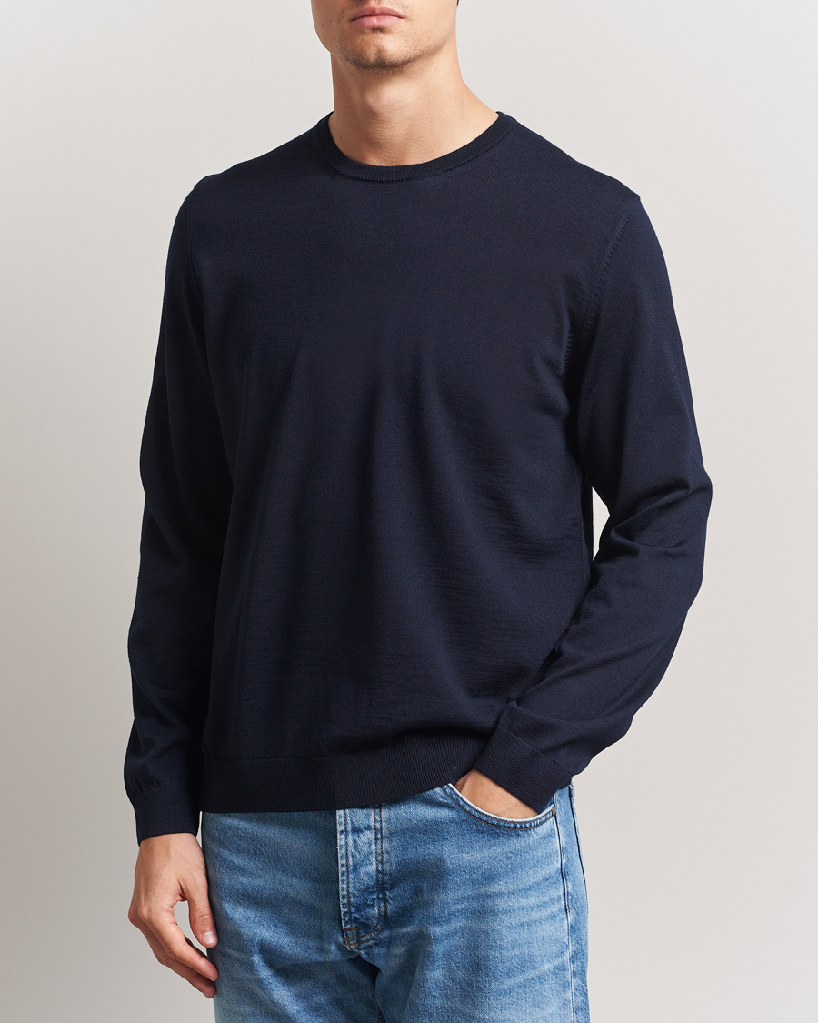 Men | Sweaters & Knitwear | BOSS BLACK | Leno Wool Crew Neck Pullover Dark Blue