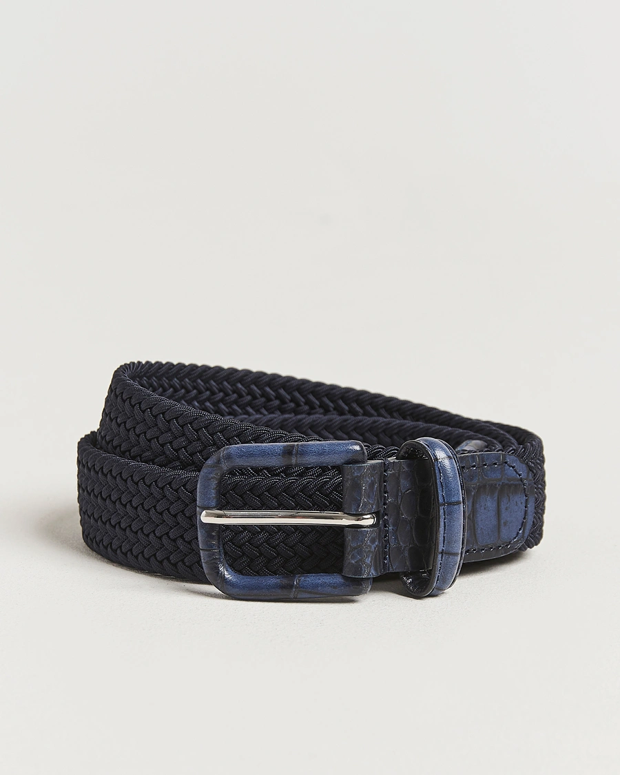 Men | Belts | Anderson's | Stretch Woven Leather Buckle 3 cm Belt Navy