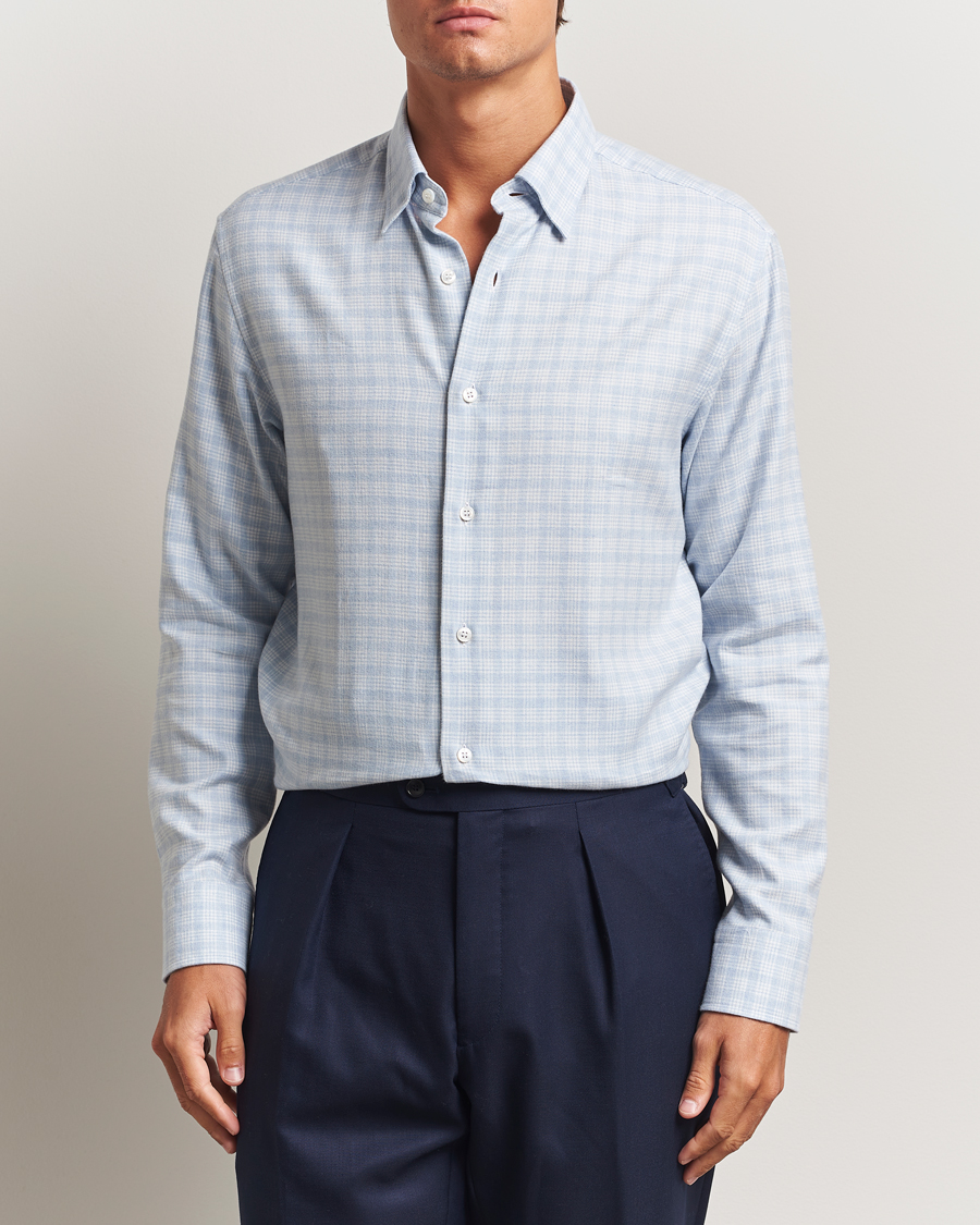 Men | Shirts | Brioni | Check Flannel Shirt Light Blue