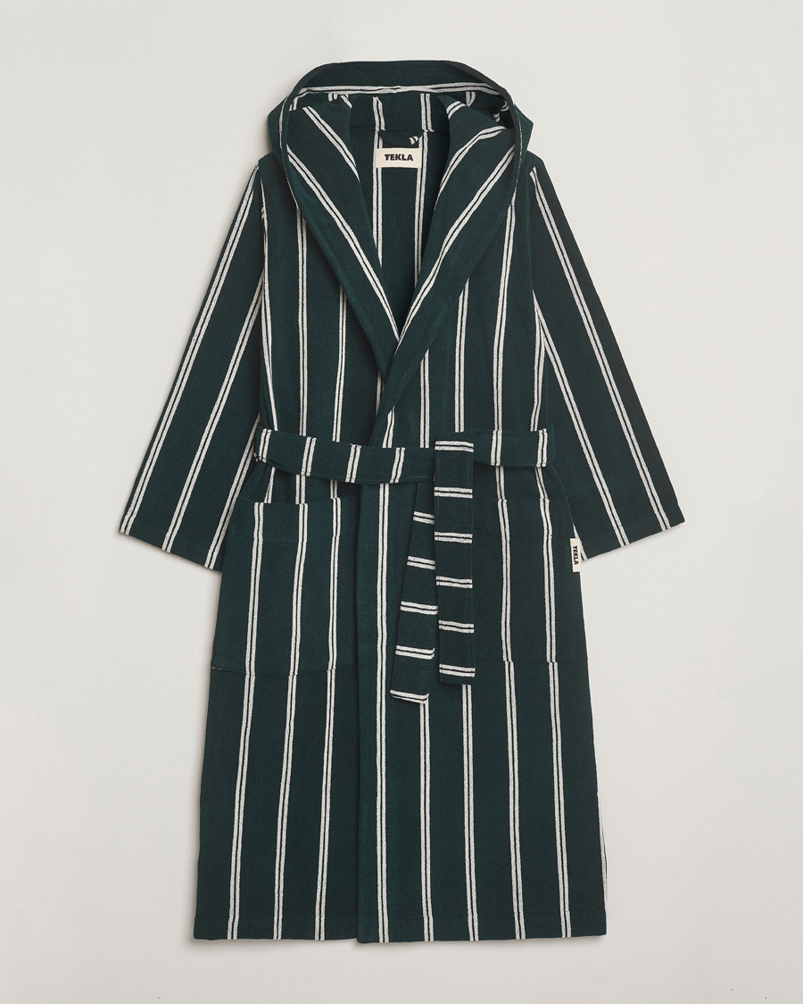 Men | Pyjamas & Robes | Tekla | Organic Terry Hooded Bathrobe Forest Green Stripes