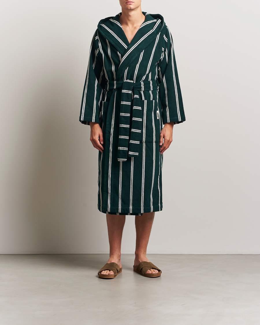 Men | Pyjamas & Robes | Tekla | Organic Terry Hooded Bathrobe Forest Green Stripes