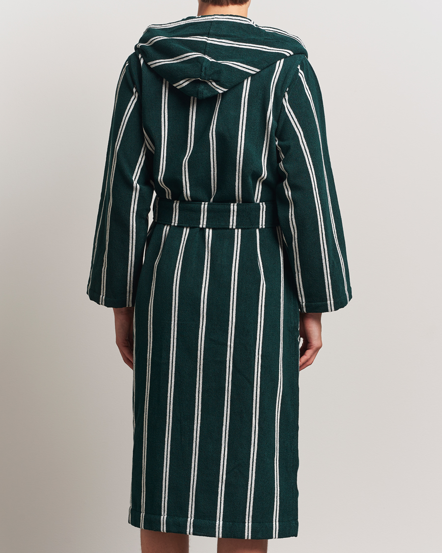 Men | Pyjamas & Robes | Tekla | Organic Terry Hooded Bathrobe Forest Green Stripes