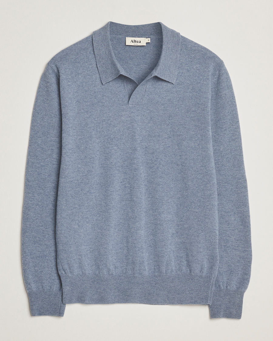 Men | Sweaters & Knitwear | Altea | Long Sleeve Knitted Wool Polo Blue Melange