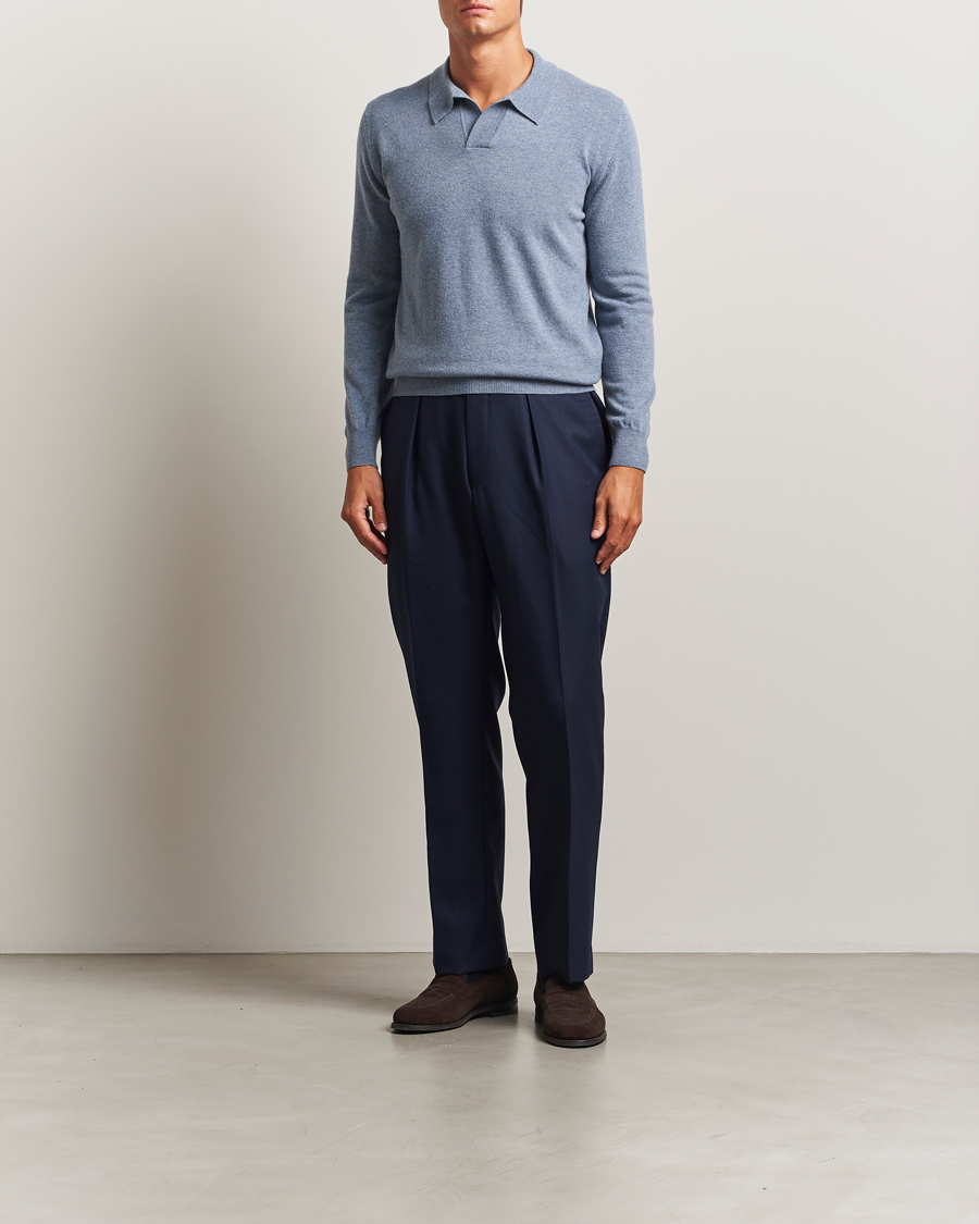 Men | Sweaters & Knitwear | Altea | Long Sleeve Knitted Wool Polo Blue Melange