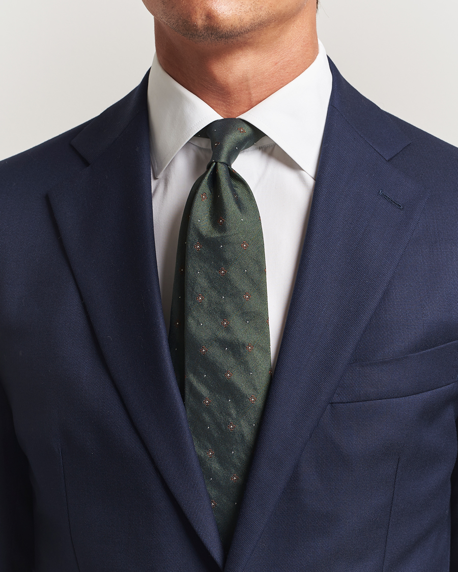 Men | Amanda Christensen Cotton/Silk Printed Flower 8cm Tie Green | Amanda Christensen | Cotton/Silk Printed Flower 8cm Tie Green