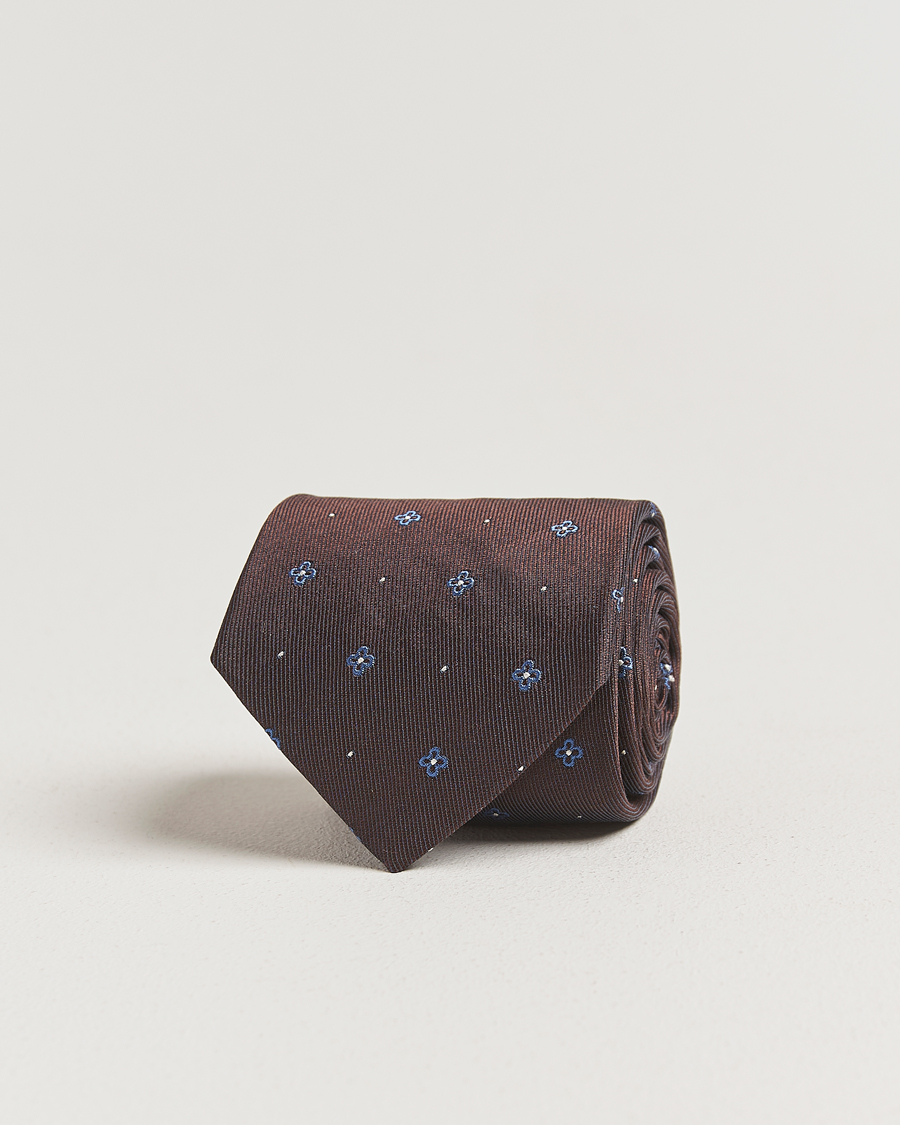 Men | Amanda Christensen Cotton/Silk Printed Flower 8cm Tie Brown | Amanda Christensen | Cotton/Silk Printed Flower 8cm Tie Brown