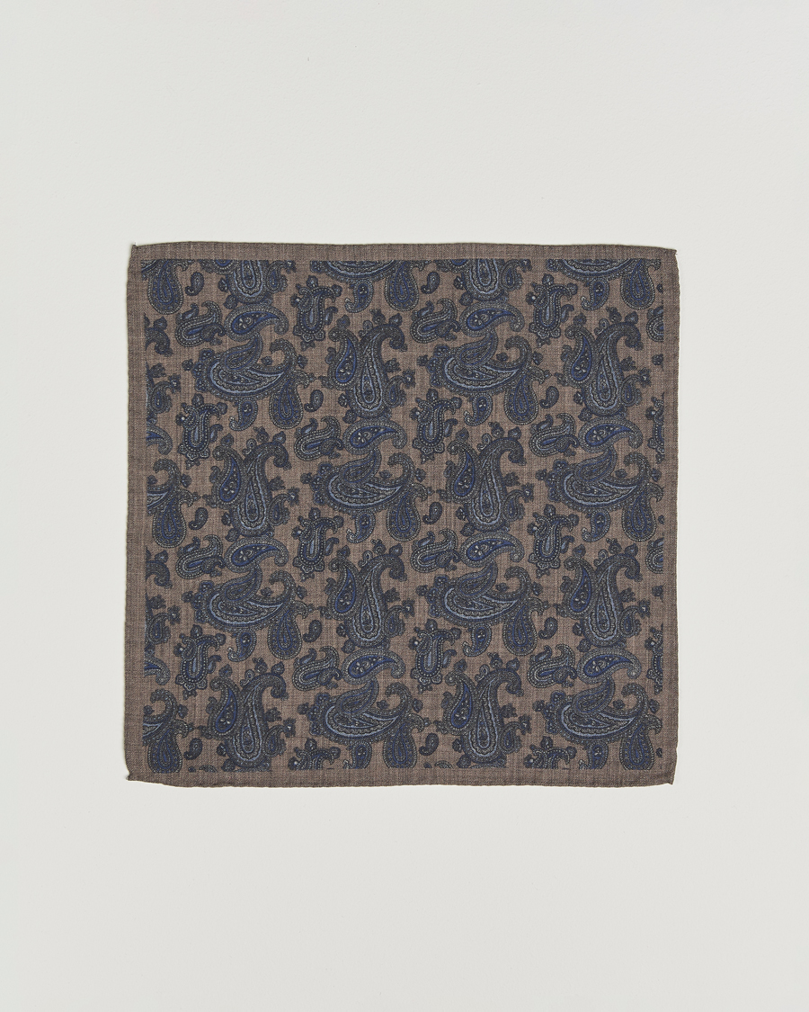 Men | Pocket Squares | Amanda Christensen | Wool Flannel Large Paisley Pocket Square Dark Beige