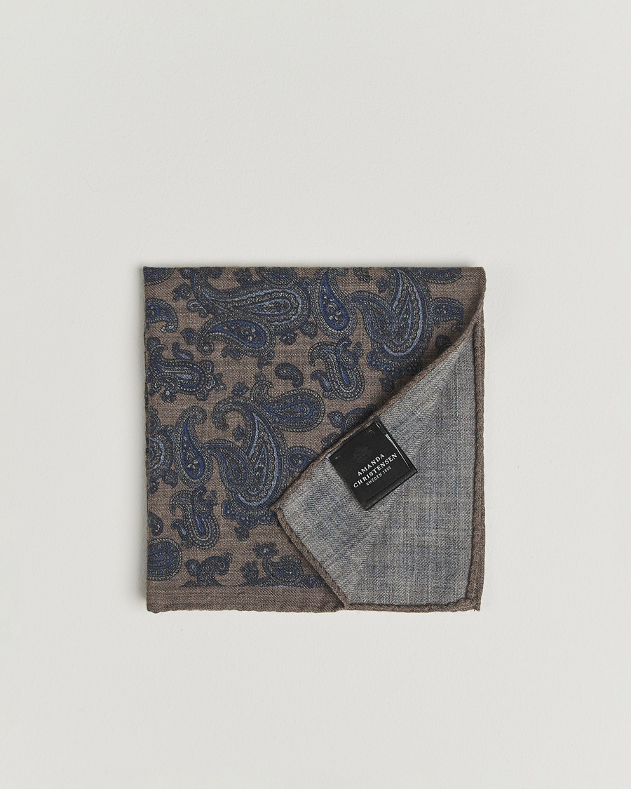 Men | Pocket Squares | Amanda Christensen | Wool Flannel Large Paisley Pocket Square Dark Beige