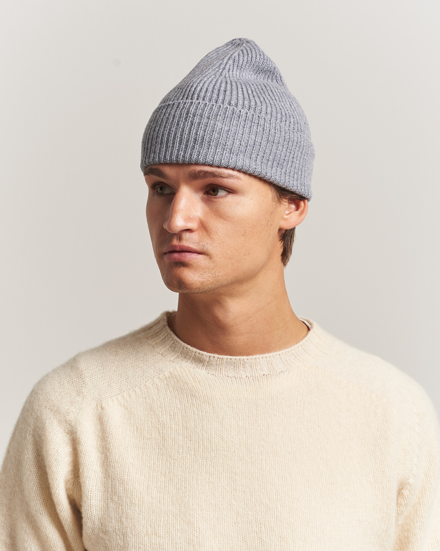 Men | Beanies | Amanda Christensen | Rib Knitted Merino Wool Cap Light Grey Melange