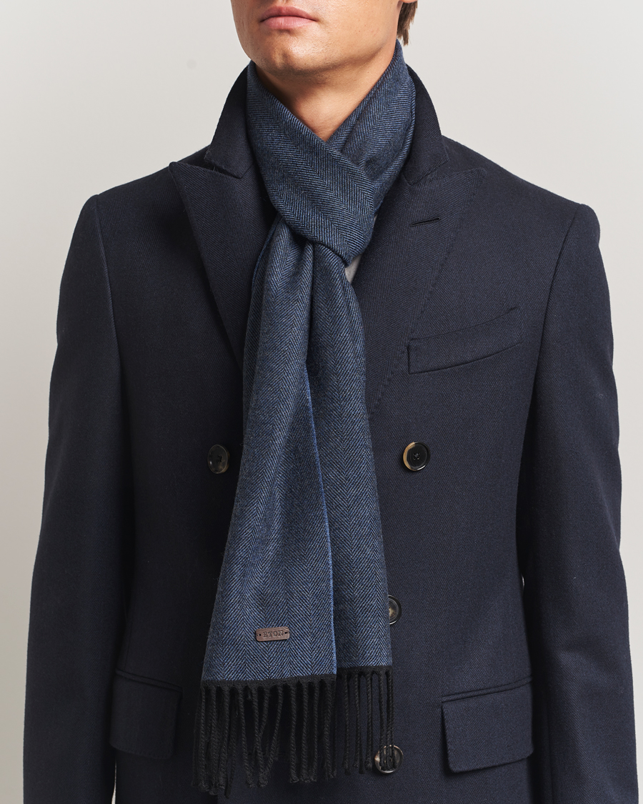 Men | Eton Merino Wool Herringbone Scarf Dark Blue | Eton | Merino Wool Herringbone Scarf Dark Blue