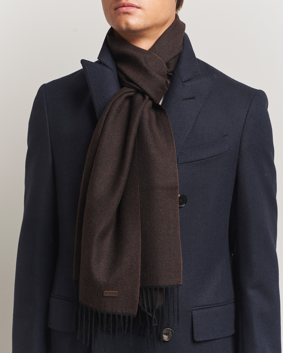 Men | Eton Merino Wool Herringbone Scarf Dark Brown | Eton | Merino Wool Herringbone Scarf Dark Brown
