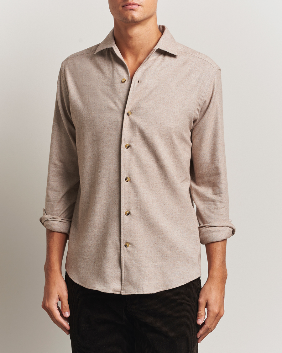 Men | Shirts | Eton | Casual Fit One Piece Collar Flannel Shirt Beige
