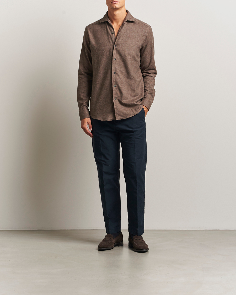 Men | Shirts | Eton | Casual Fit One Piece Collar Flannel Shirt Brown