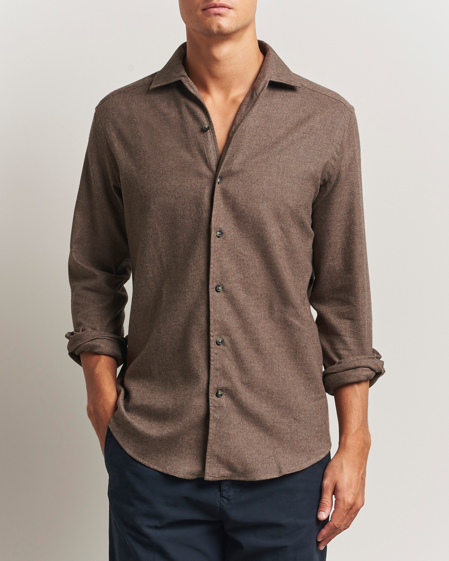 Men | Shirts | Eton | Casual Fit One Piece Collar Flannel Shirt Brown