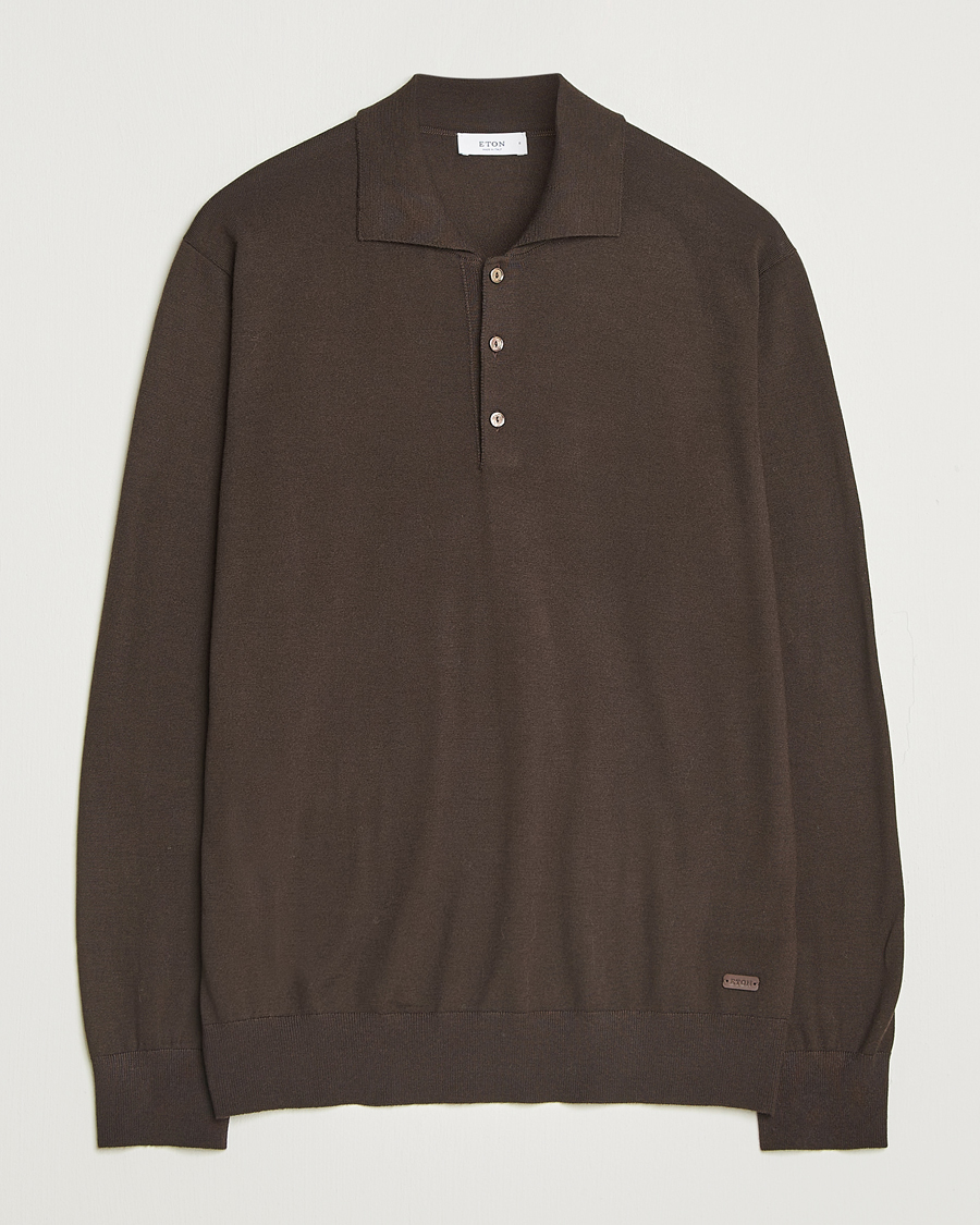 Men | Sweaters & Knitwear | Eton | Merino Knitted Polo Dark Brown