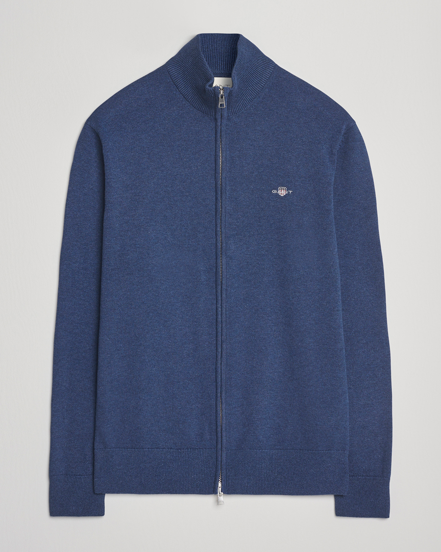 Men | Sweaters & Knitwear | GANT | Casual Cotton Full Zip Dark Jeans Blue Melange
