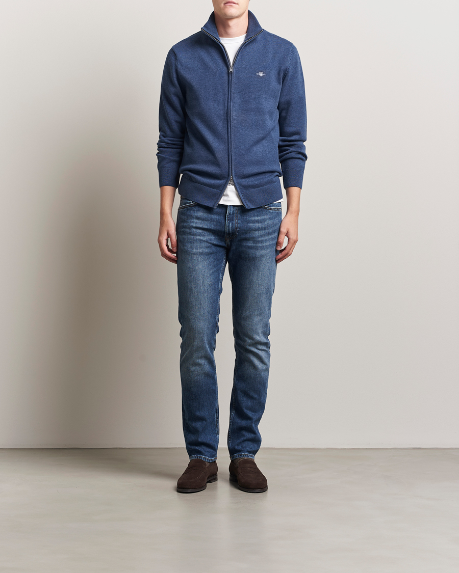 Men | Sweaters & Knitwear | GANT | Casual Cotton Full Zip Dark Jeans Blue Melange