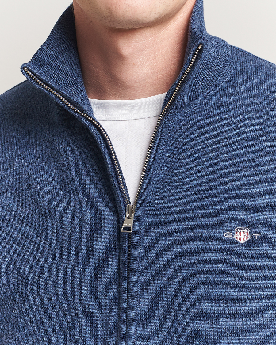 Men | Sweaters & Knitwear | GANT | Casual Cotton Full Zip Dark Jeans Blue Melange