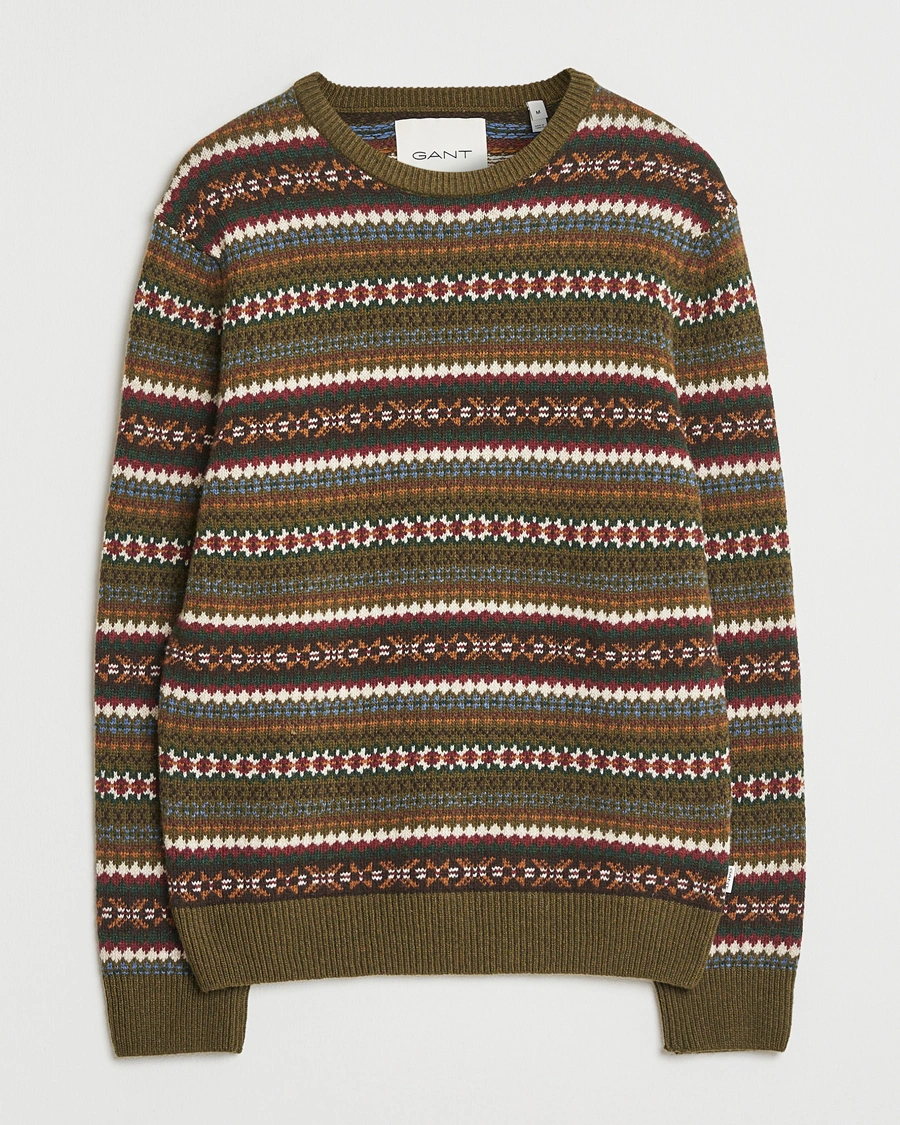 Men | Sweaters & Knitwear | GANT | Fair Isle Knitted Crew Neck Sweater Country Green