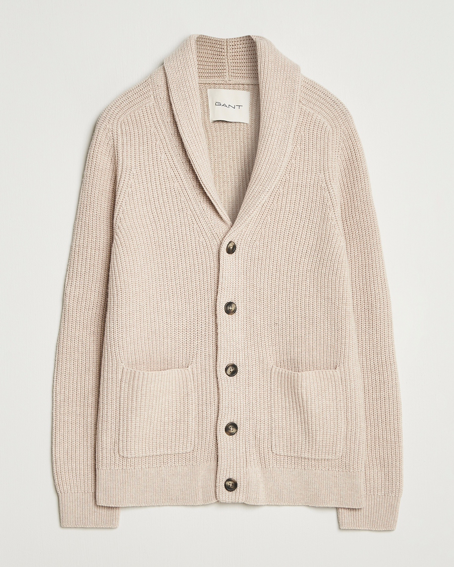 Men | Sweaters & Knitwear | GANT | Wool Knitted Shawl Collar Cardigan Light Beige Melange