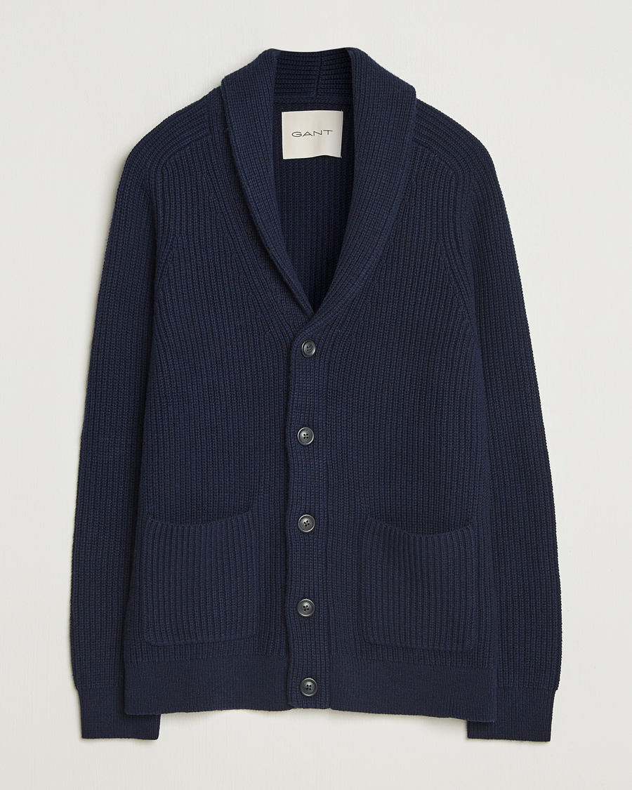 Men | Sweaters & Knitwear | GANT | Wool Knitted Shawl Collar Cardigan Evening Blue