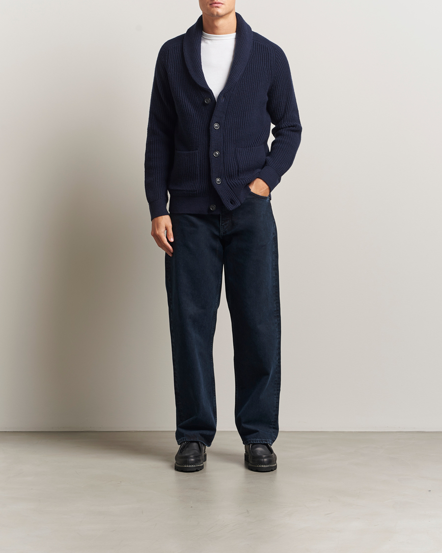 Men | Sweaters & Knitwear | GANT | Wool Knitted Shawl Collar Cardigan Evening Blue