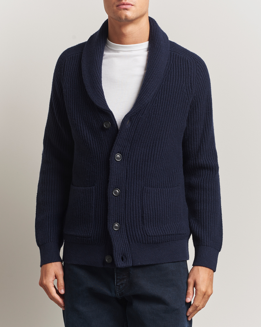 Men | Sweaters & Knitwear | GANT | Wool Knitted Shawl Collar Cardigan Evening Blue