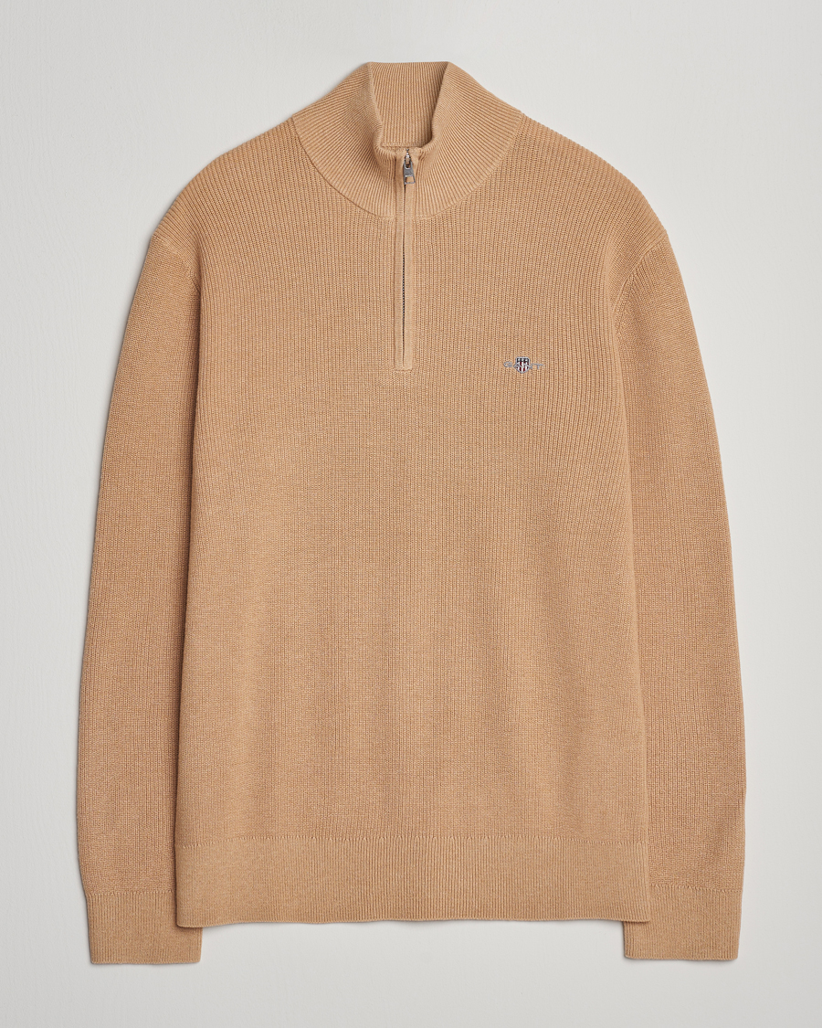 Men | Sweaters & Knitwear | GANT | Cotton/Merino Ribbed Half Zip Khaki Melange