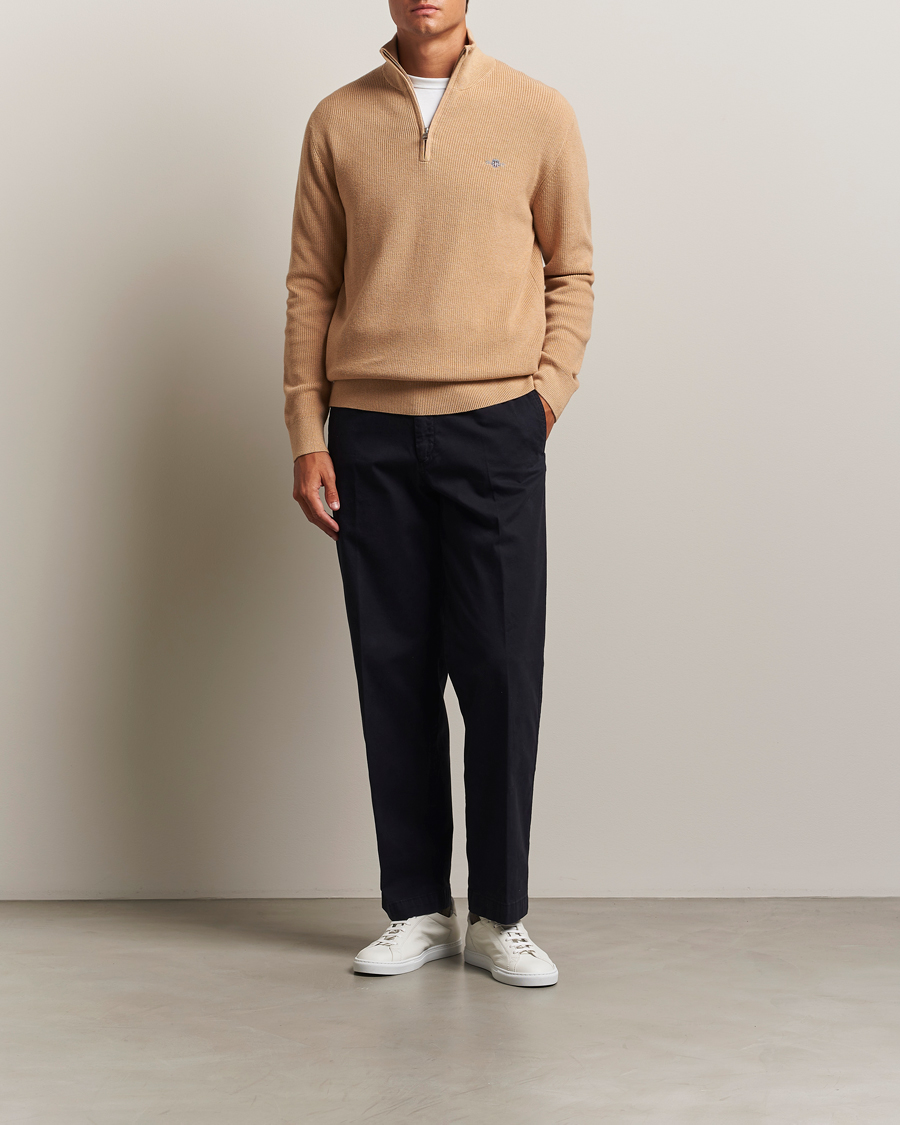 Men | Sweaters & Knitwear | GANT | Cotton/Merino Ribbed Half Zip Khaki Melange
