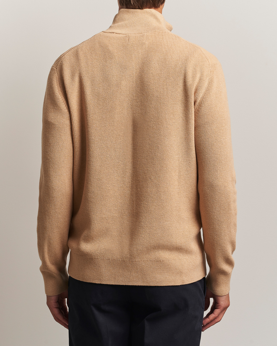 Men | Sweaters & Knitwear | GANT | Cotton/Merino Ribbed Half Zip Khaki Melange