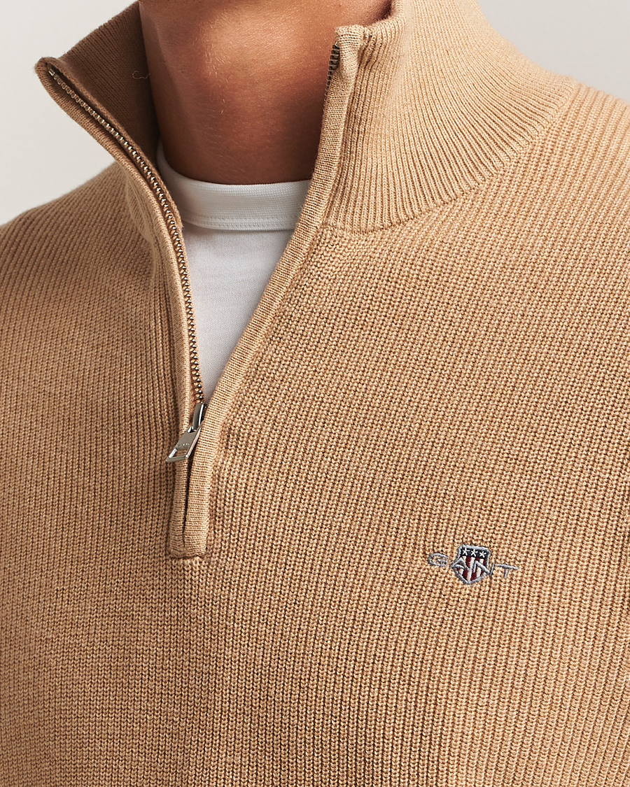 Men | Sweaters & Knitwear | GANT | Cotton/Merino Ribbed Half Zip Khaki Melange