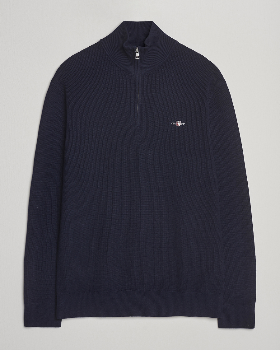Men | Sweaters & Knitwear | GANT | Cotton/Merino Ribbed Half Zip Evening Blue