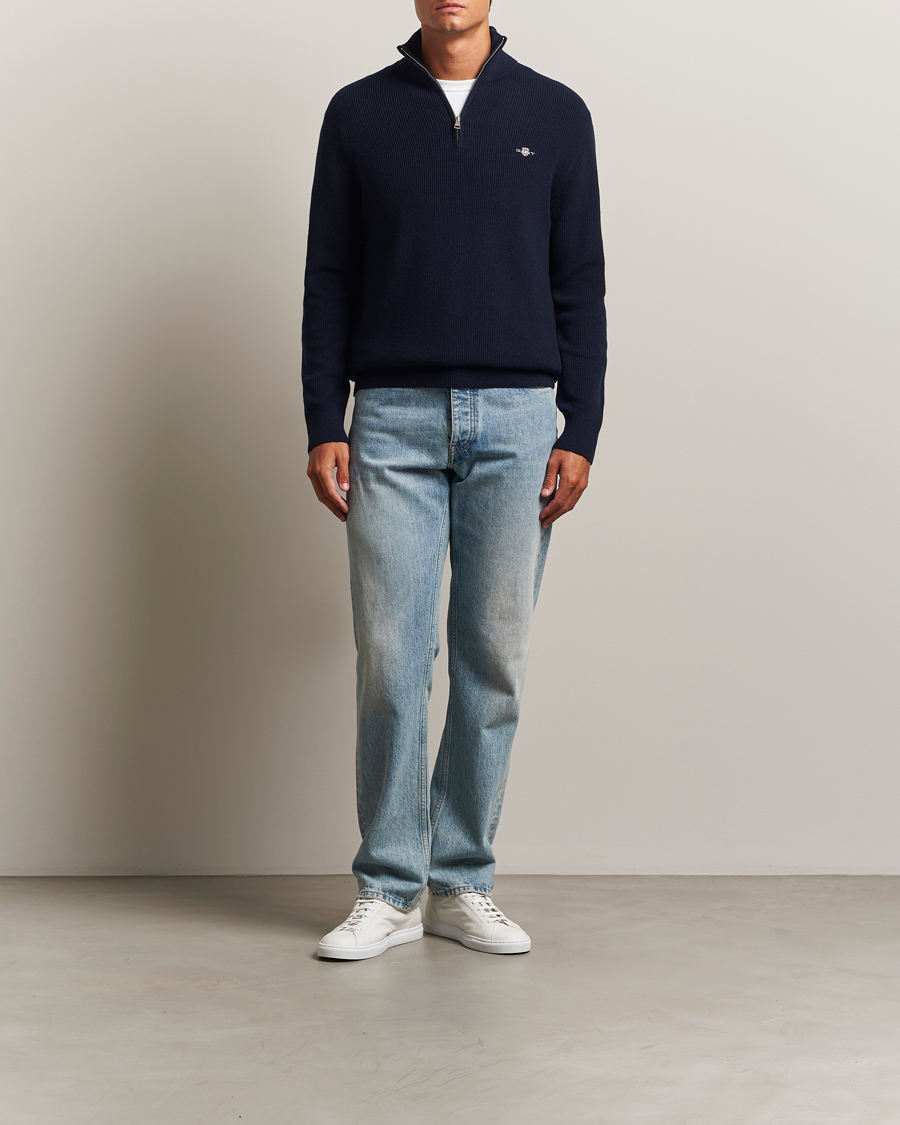 Men | Sweaters & Knitwear | GANT | Cotton/Merino Ribbed Half Zip Evening Blue
