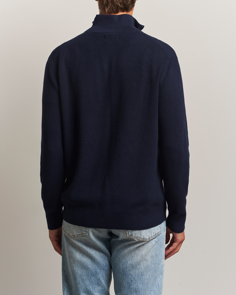 Men | Sweaters & Knitwear | GANT | Cotton/Merino Ribbed Half Zip Evening Blue