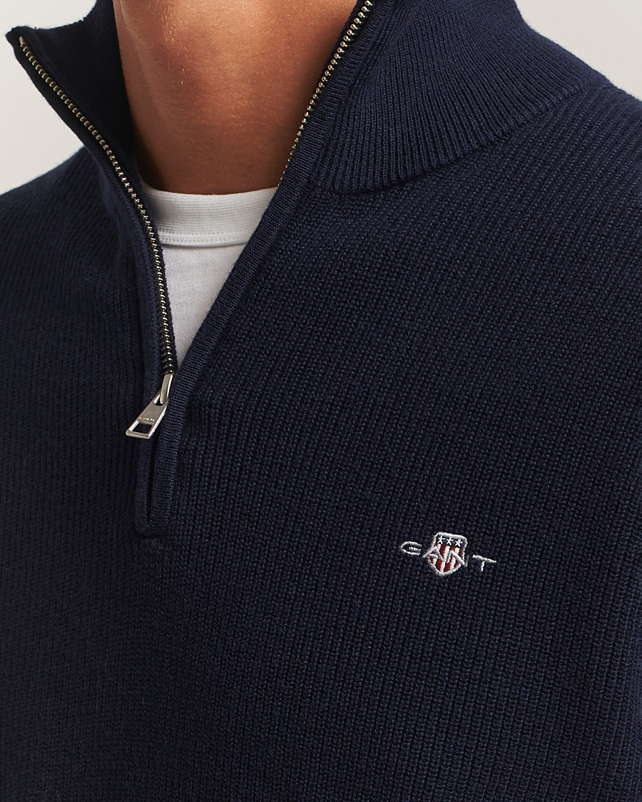 Men | Sweaters & Knitwear | GANT | Cotton/Merino Ribbed Half Zip Evening Blue