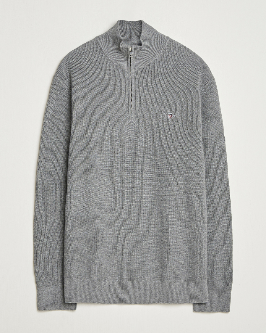 Men | Sweaters & Knitwear | GANT | Cotton/Merino Ribbed Half Zip Dark Grey Melange