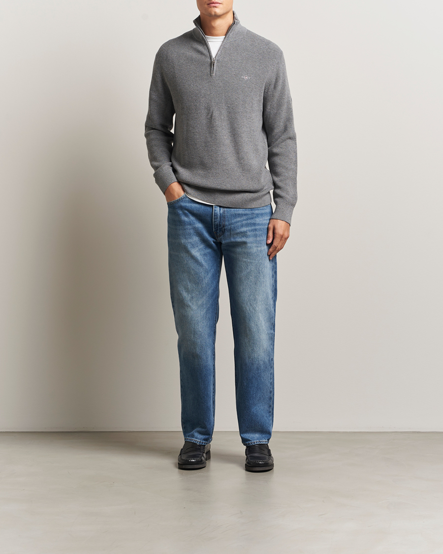 Men | Sweaters & Knitwear | GANT | Cotton/Merino Ribbed Half Zip Dark Grey Melange