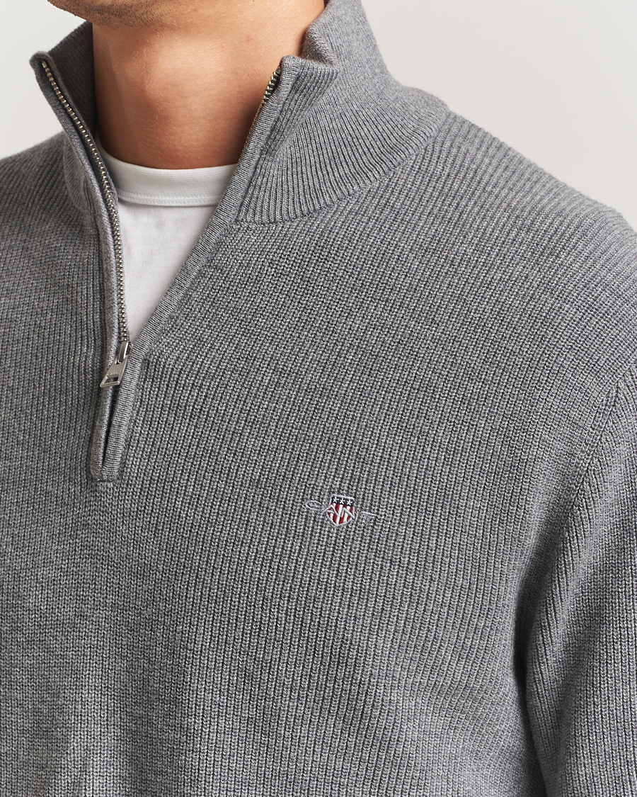 Men | Sweaters & Knitwear | GANT | Cotton/Merino Ribbed Half Zip Dark Grey Melange