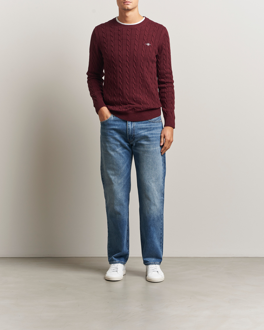 Men | Sweaters & Knitwear | GANT | Cotton Cable Crew Neck Pullover Bordeaux Melange