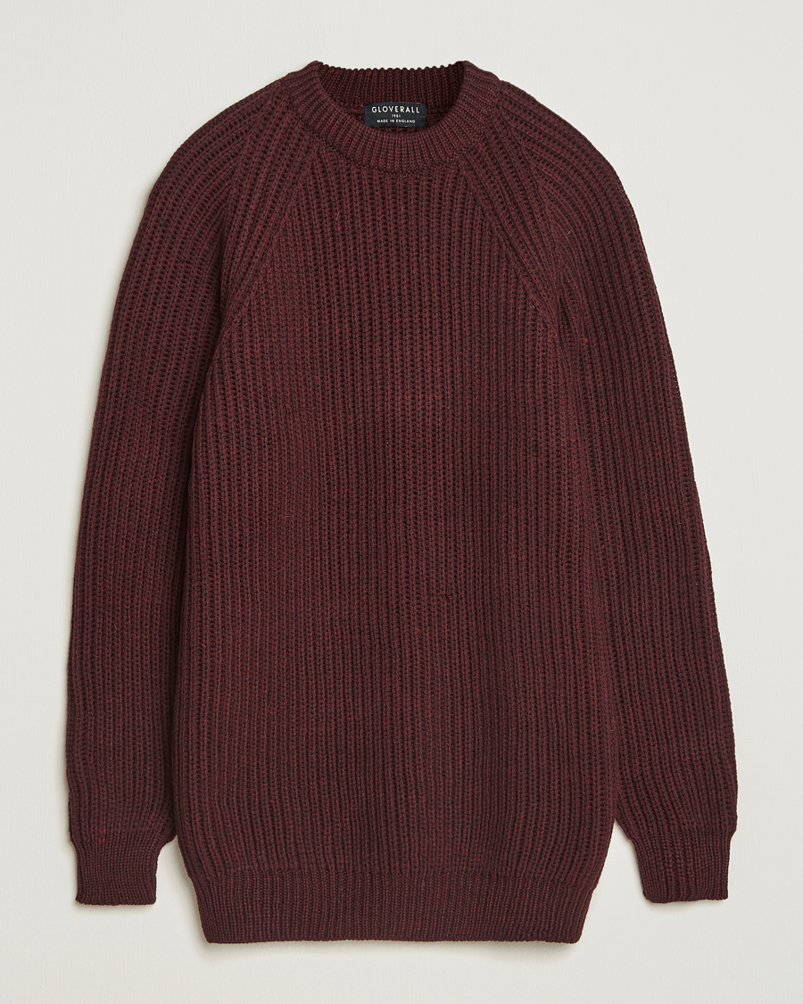 Men | Sweaters & Knitwear | Gloverall | Fisherman Rib Chunky Wool Crew Neck Burgundy