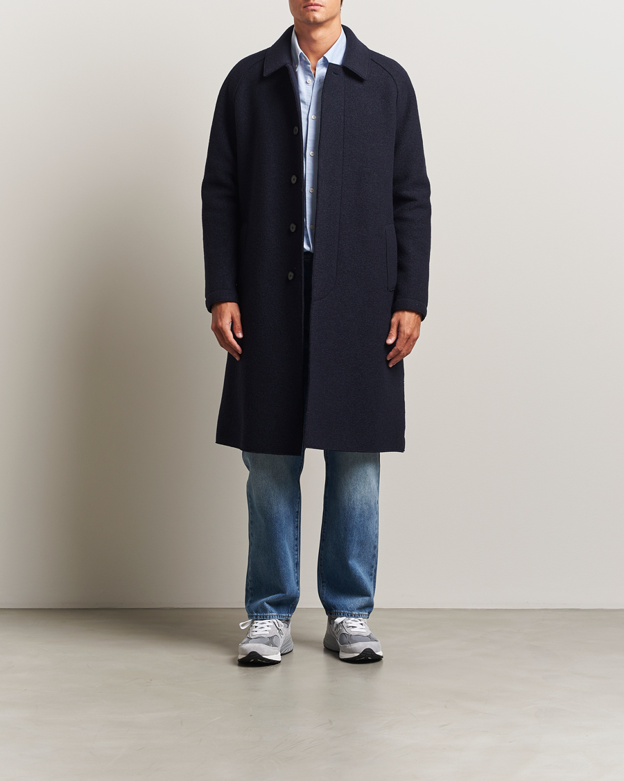 Harris Wharf London Boiled Wool Fly Front Balmacan Coat Navy at